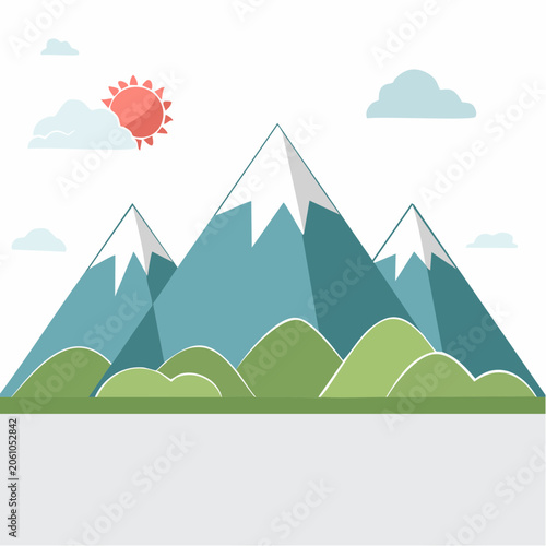 Stylized Mountain Landscape with Sun and Clouds