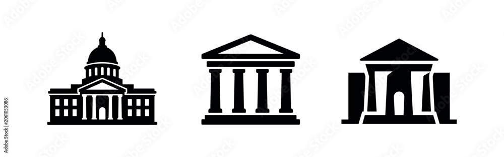 Fototapeta premium Set of three governmental and institutional building silhouettes, featuring a capitol dome and classical columns.