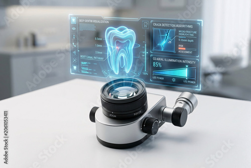 Microscope lens head device with futuristic holographic dental structure view