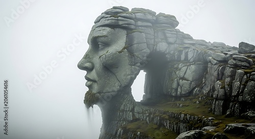 Giant stone head sculpture shrouded in mist with cascading water and carved figures