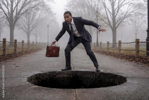Shocked Businessman Standing Near Dangerous Sinkhole on Foggy Road