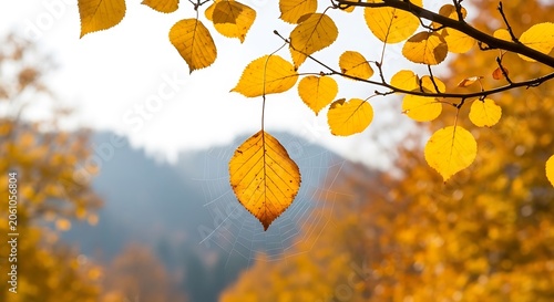 Golden autumn leaves hanging from tree branch with blurry background