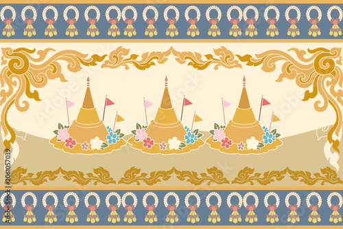 Billede på lærred Traditional Thai sand pagoda border illustration featuring Songkran merit-making decoration, floral ornaments and elegant Thai ornamental frame in vintage pastel vector style