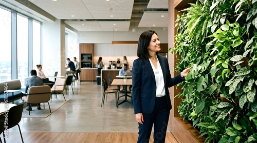 Business executive admiring a lush vertical plant wall in a modern eco friendly office space