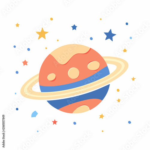 Cartoon Planet with Rings and Stars