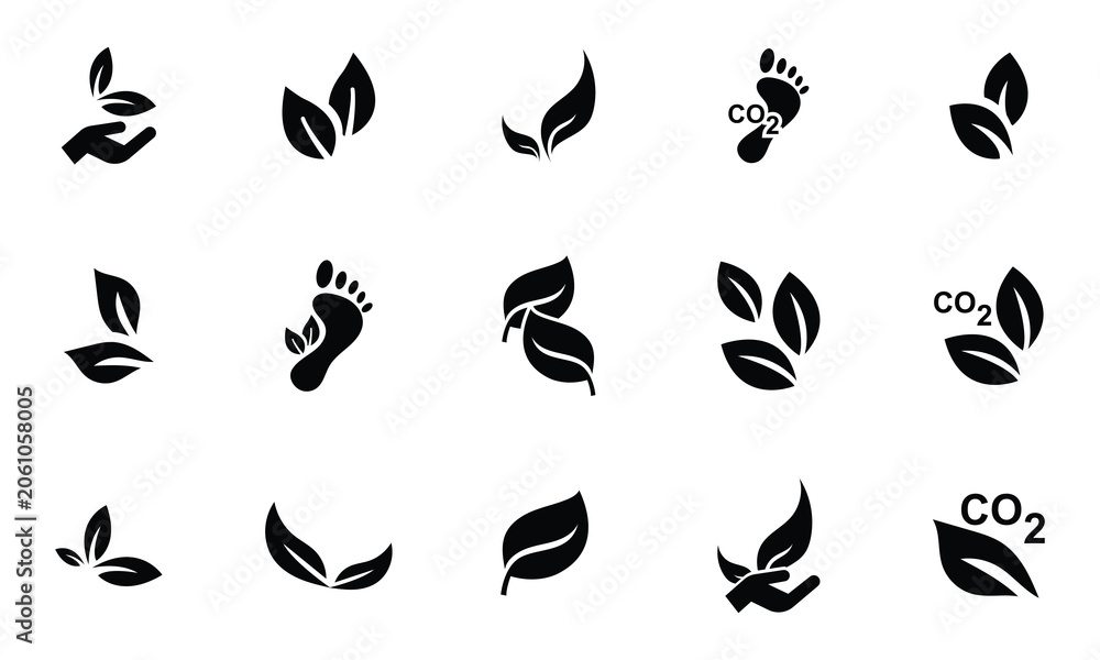 Obraz premium Eco Friendly Green Leaf Icons Set – Sustainability, Nature, Organic, Carbon Footprint and Environmental Conservation Vector Collection.