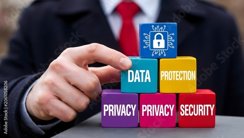 Businessman holding colorful blocks with the words data protection, privacy and security, evironment
