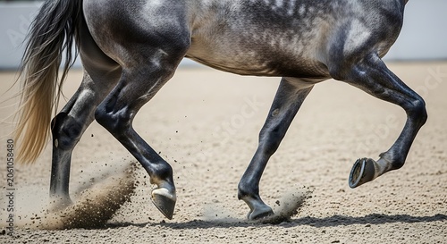 Graceful dappled gray horse in motion on sandy arena ground