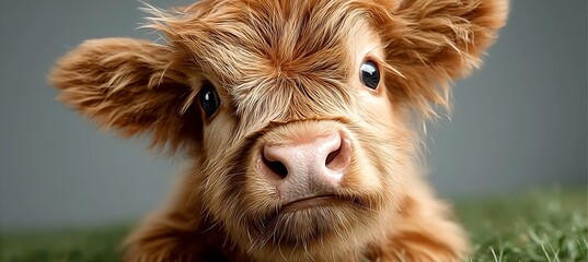 Close Up Portrait Of A Cute Fluffy Highland Cow Calf Standing In A Field Against A Solid Background