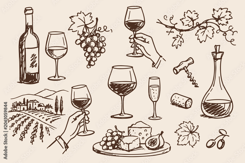 Obraz premium Wine Tasting Set Vintage Sketch Vector Illustration