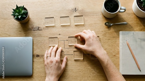 Professional hands arranging transparent acrylic blocks on a table representing architectural