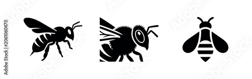 Fotografie Set of black silhouette bee icons, representing honeybees, pollinators, or sting