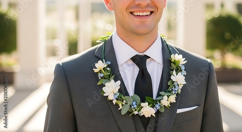 Groom in suit wearing floral lei outdoors on wedding day