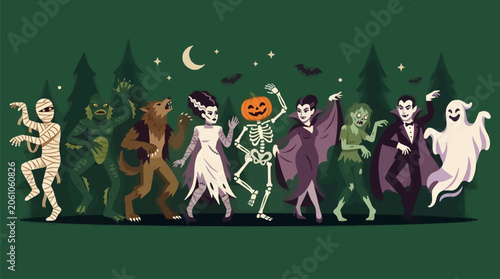 Schilderij op canvas Classic Horror Monsters Parade in Spooky Forest at Night, Mummy, Creature, Werew