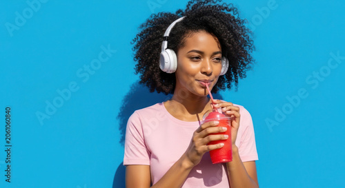 Young African American woman enjoys a refreshing drink while wearing headphones against a vibrant blue background
