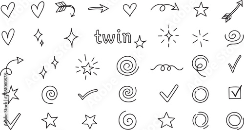 Cute Glitter Pen Doodle Elements Heart Arrow Star Vector Set
