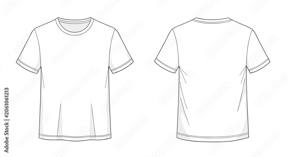 Naklejka premium Front and back views of a basic white short sleeve crew neck t-shirt on a white background for design mockups.