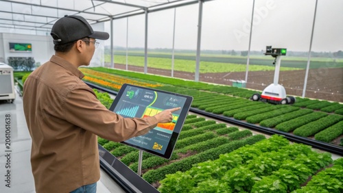 Person using digital interface to monitor crop growth in modern greenhouse, showcasing advanced agricultural technology