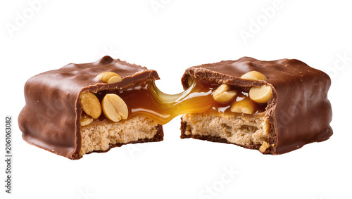 Fotografie Chocolate bar with caramel and peanuts broken in half