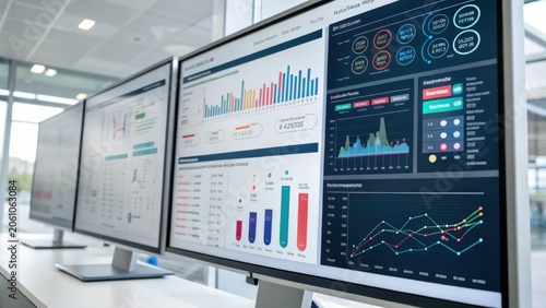 Digital dashboard displaying data analytics with graphs and charts in modern office setting