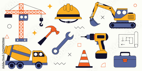 Foto Construction site equipment and heavy machinery vector set with crane excavator