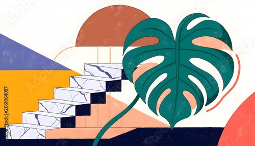 Abstract geometric composition with monstera leaf and marble stairs