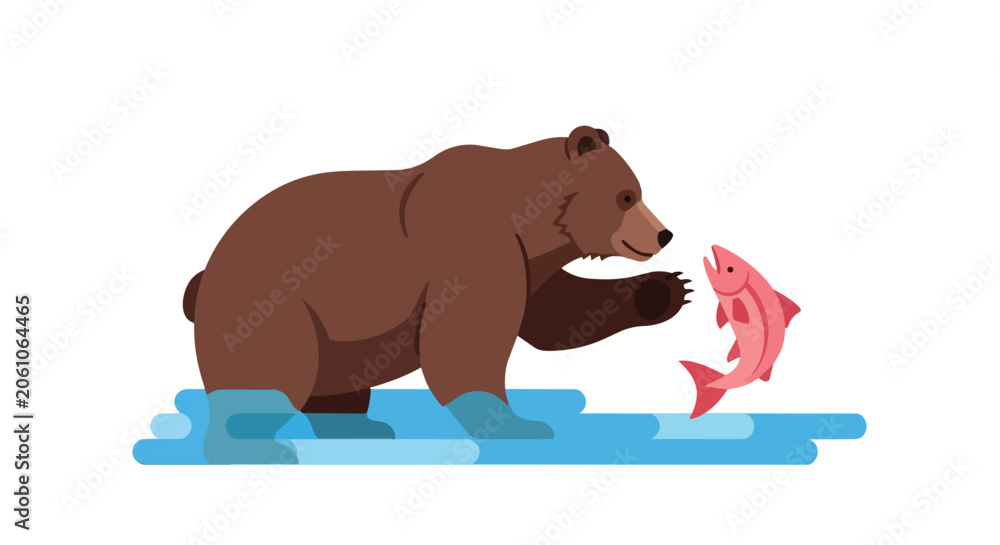 Fototapeta premium Wild Grizzly Brown Bear Hunting a Jumping Salmon Fish in Blue River Water Nature Vector Illustration