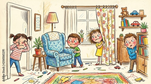 Three children hide anxiously in a messy living room as one child counts with eyes covered