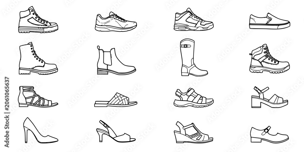Obraz premium Shoes Grid of Various Footwear Types Including Sneakers, Boots, Sandals, and High Heels in Monochrome Line Style
