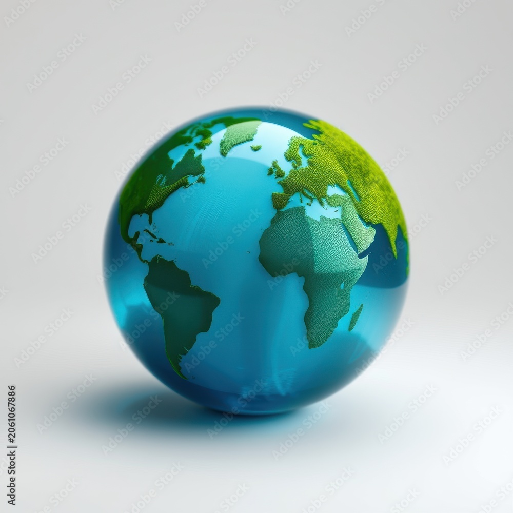 Fototapeta premium Globe illustration shows continents, oceans. Shiny surface reflects light, creating soft shadows. Simple design, clean aesthetic.