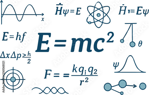 Canvas Print A collection of fundamental physics equations and scientific symbols, including E=mc², quantum mechanics, and classical physics concepts