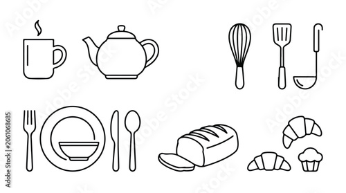 Minimalist kitchen icon set, black line art cooking utensils and bakery items, breakfast tableware and bread vector illustrations for cafe menus
