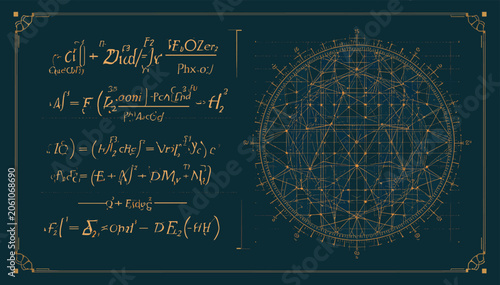 Φωτογραφία Intricate geometric diagram with complex mathematical equations on a dark blue background, suggesting scientific or theoretical concepts