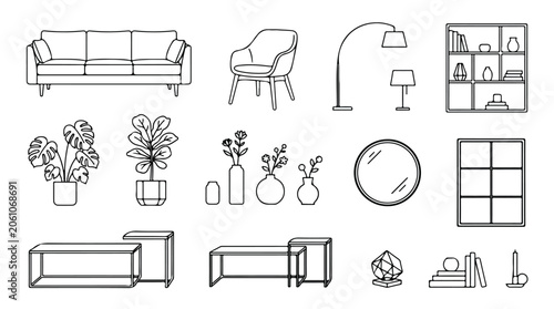 Minimalist interior furniture line icons, modern home decor vector set, hand drawn living room furniture and houseplant illustrations for architectural planning
