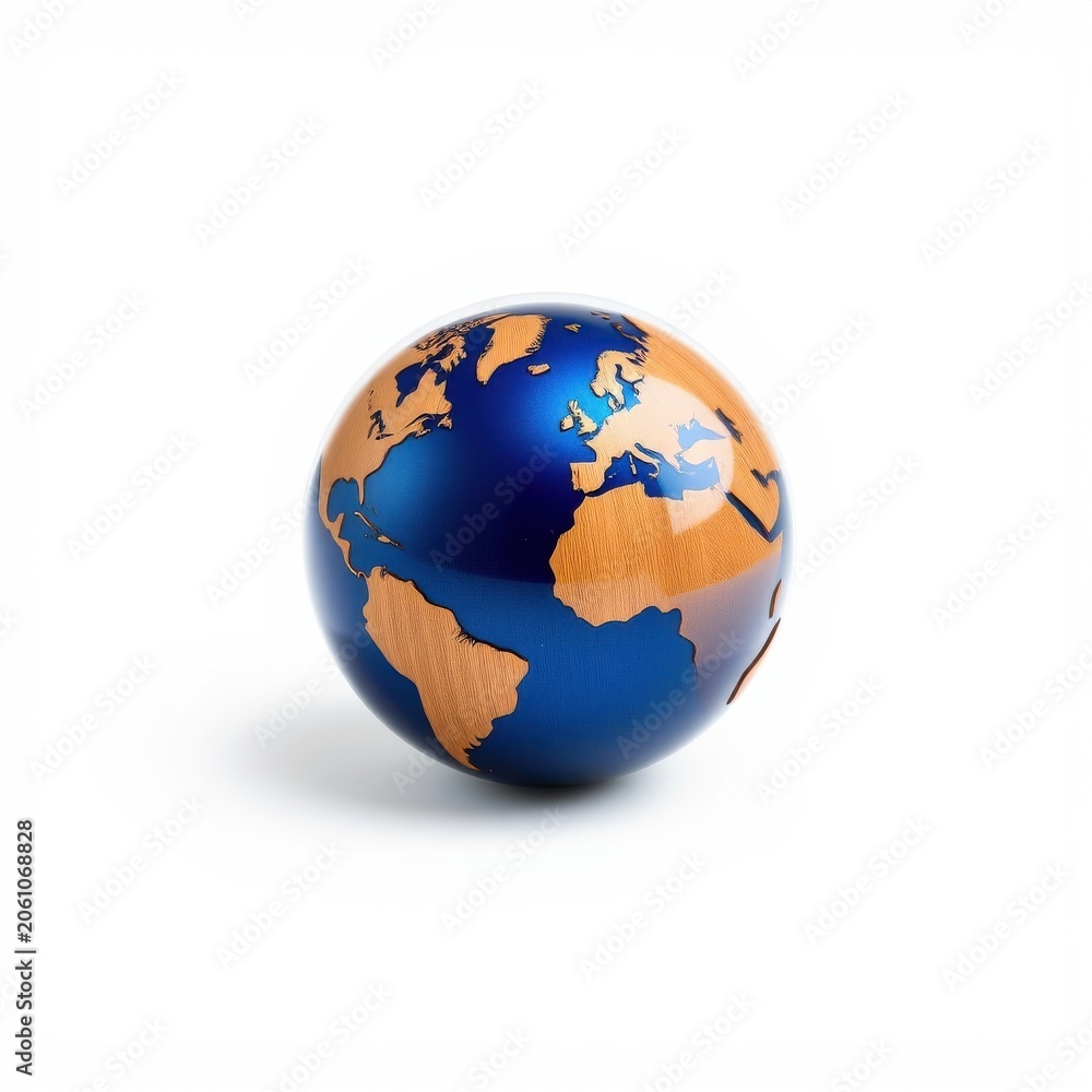 Fototapeta premium Globe showing continents, oceans. Blue water contrasts warm wood tones. Minimalist design, clean background, studio lighting.