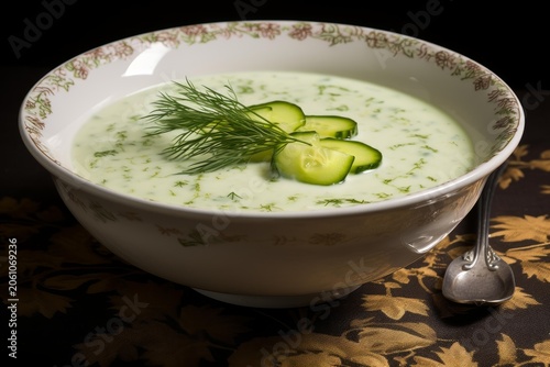 Creamy cold cucumber soup with fresh dill and sliced cucumbers in a white bowl