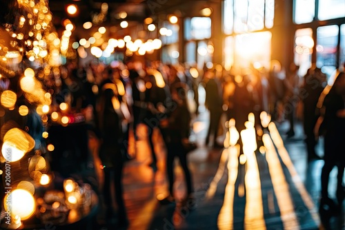 Warm, glowing bokeh lights illuminate a blurred gathering of people indoors at sunset