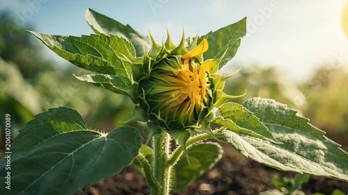 A time-lapse video of a sunflower growing from seed to full bloom in natural daylight