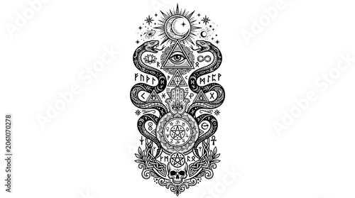 Mystical Occult Symbol with Snakes, Skull, and Runes