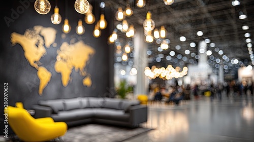 Modern lounge with world map art and minimalist furniture in a bright hall