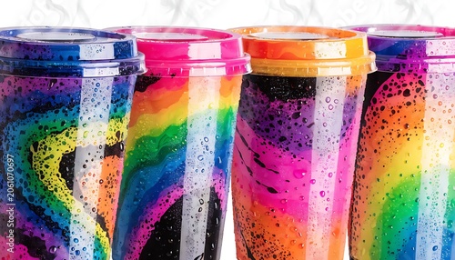Colorful Rainbow Patterned Coffee Cups on White Background