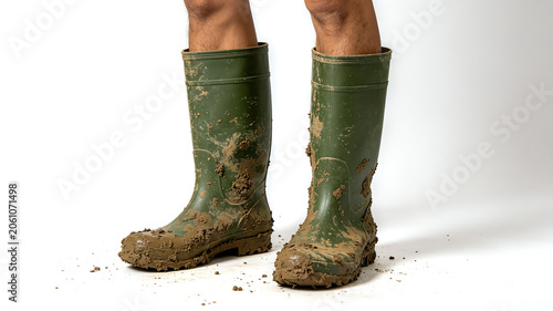 Close-up of a person wearing muddy green rubber rain boots, isolated on a white background. Perfect for farming and gardening.