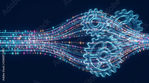Ai agent workflow agentic automation digital gear data stream glow. intelligence solution management. future innovation system, assistant network process, automation technology