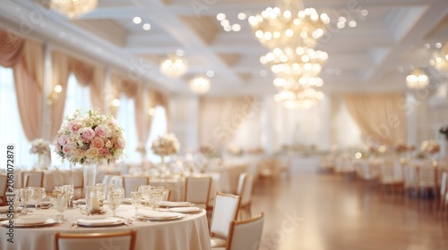 Elegant ballroom with floral centerpieces and softly lit chandeliers
