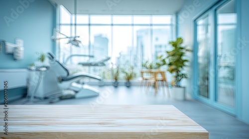 Bright, modern dental operatory with a view, foreground table