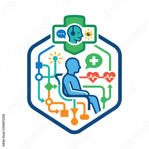 A digital medical consultation icon with a patient and symbols