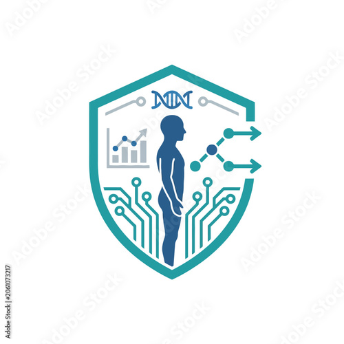 A digital shield icon representing human health and data analysis