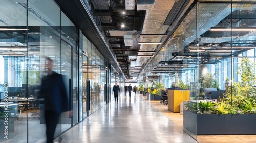 Modern office corridor with blurred figures, glass partitions, plants, and exposed ceilings