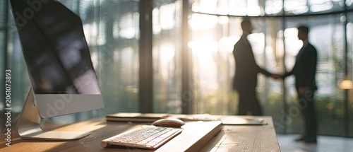 Two businessmen shaking hands in a sunlit office with a computer in the foreground