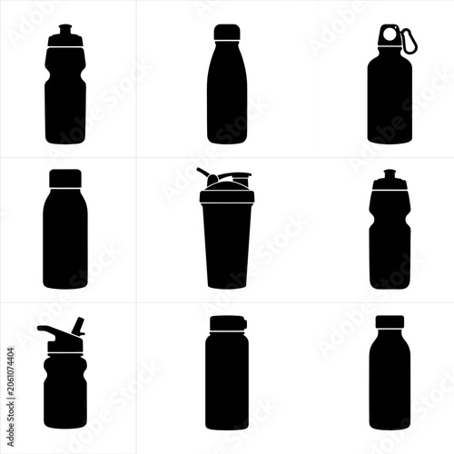 Water Bottle Silhouettes In A 3x3 Grid On White Background
